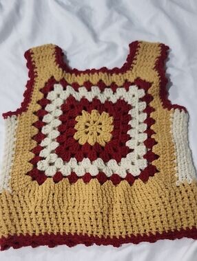 Handmade Crochet Tank Top - Mustard, Cream & Burgundy